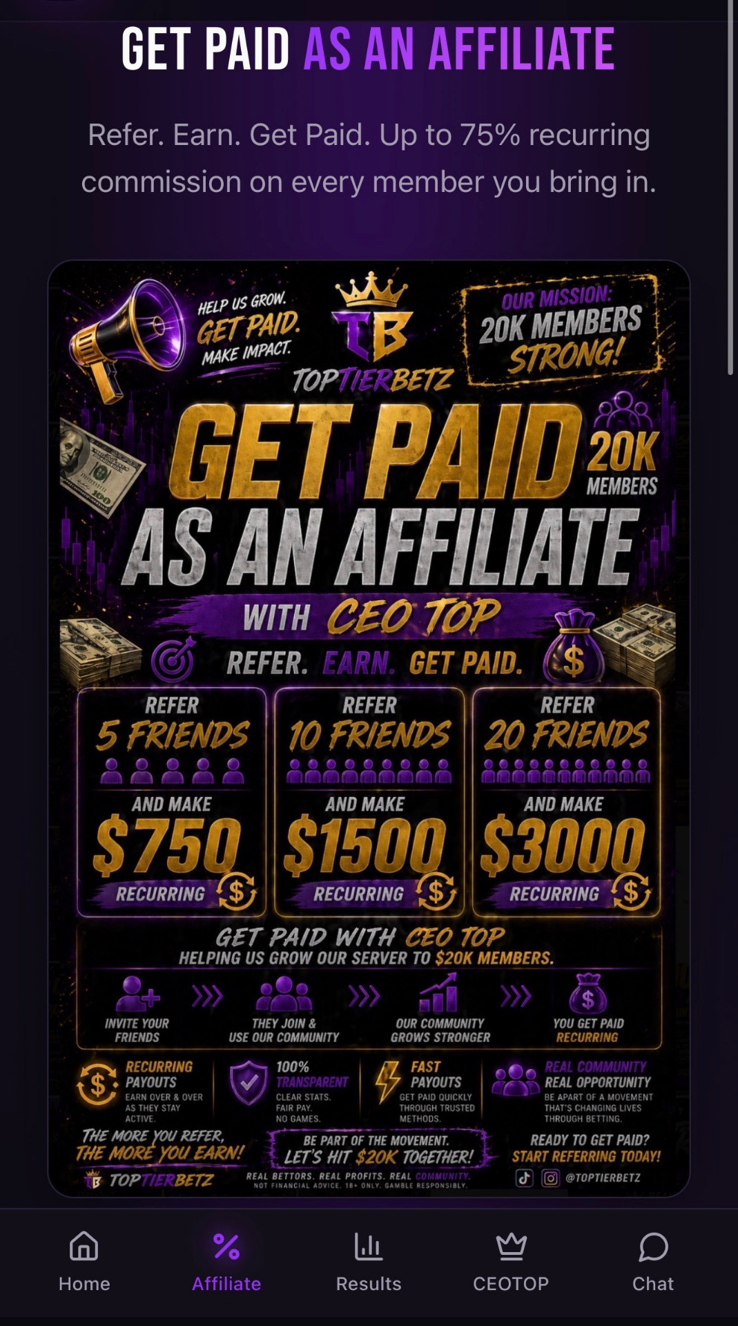 TopTierBetz Affiliate Program — Get Paid With CEO Top. Refer 5, 10, or 20 friends and earn $750, $1500, or $3000 recurring.